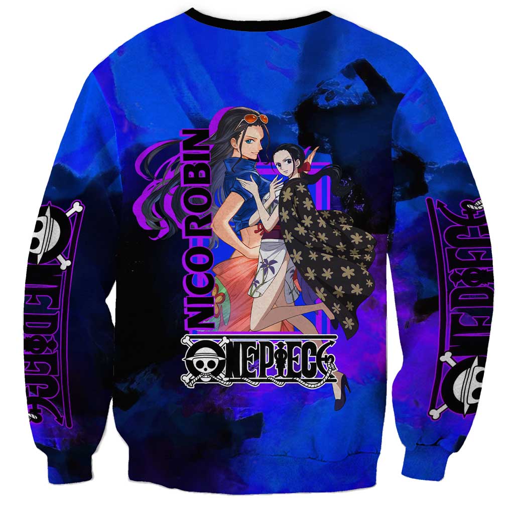 Nico Robin One Piece Purple and Blue Theme Sweatshirt with Floral Cape and Archaeologist Pose Design - The Mazicc