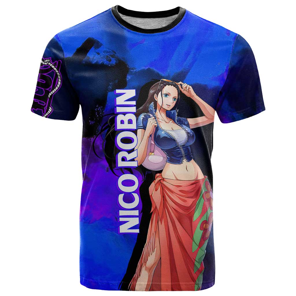 Nico Robin One Piece Purple and Blue Theme T Shirt with Floral Cape and Archaeologist Pose Design - The Mazicc