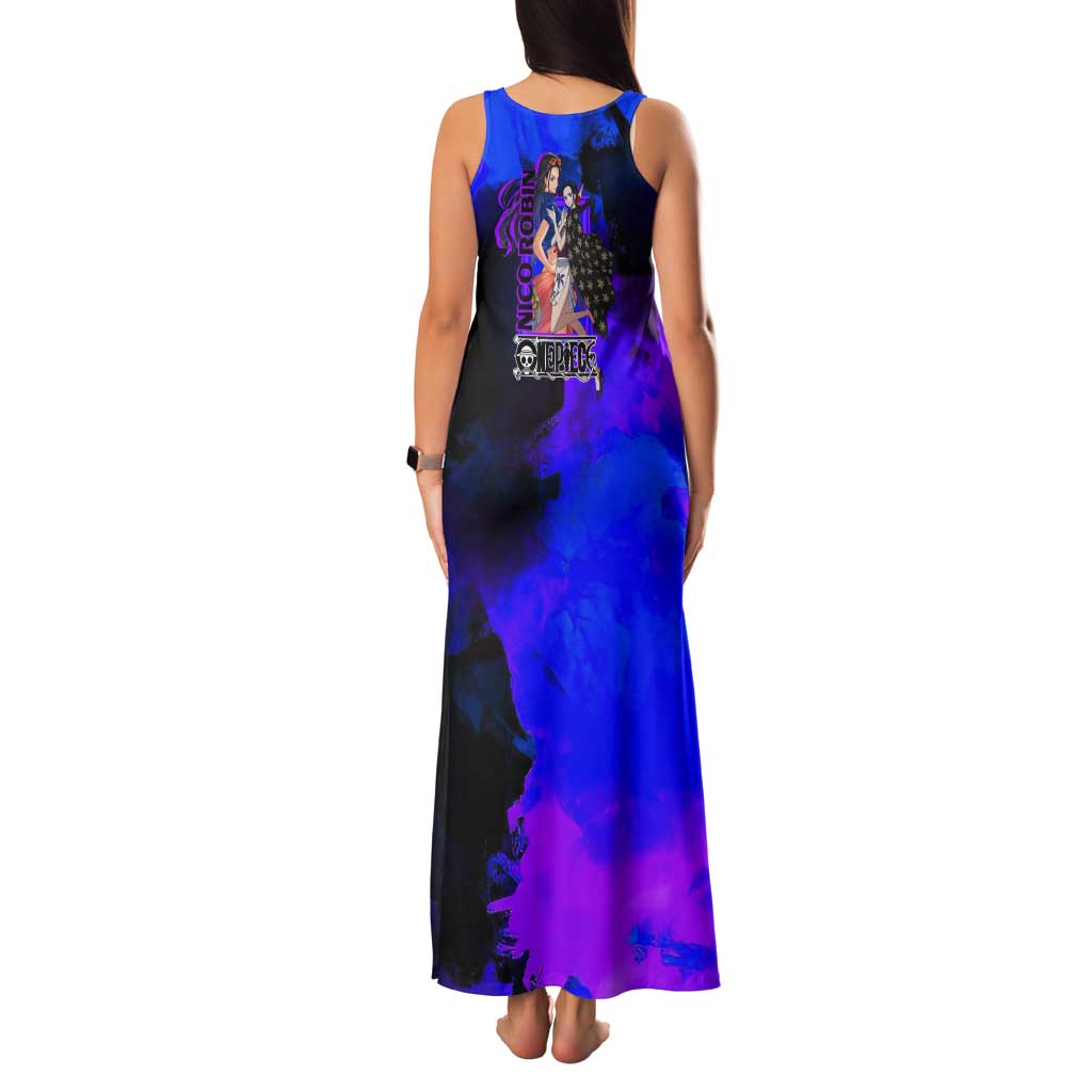 Nico Robin One Piece Purple and Blue Theme Tank Maxi Dress with Floral Cape and Archaeologist Pose Design - The Mazicc