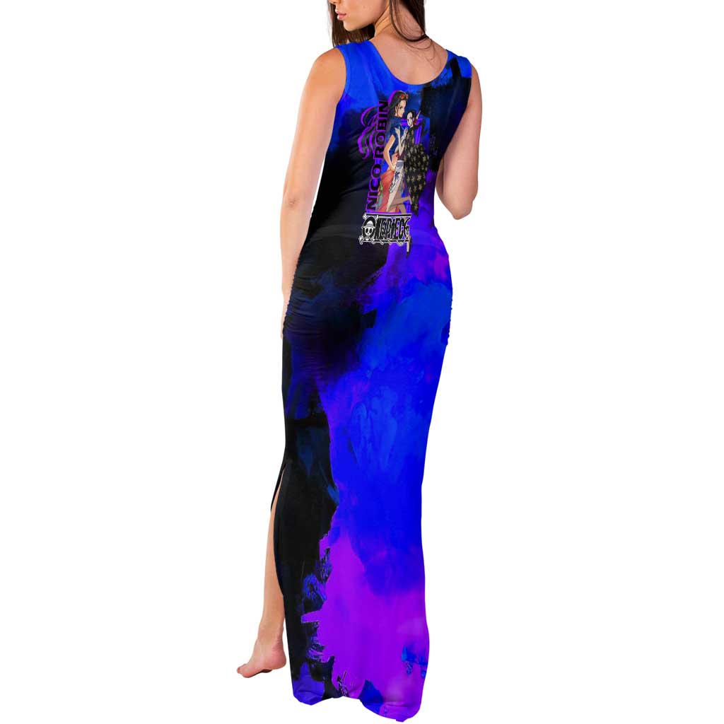 Nico Robin One Piece Purple and Blue Theme Tank Maxi Dress with Floral Cape and Archaeologist Pose Design - The Mazicc