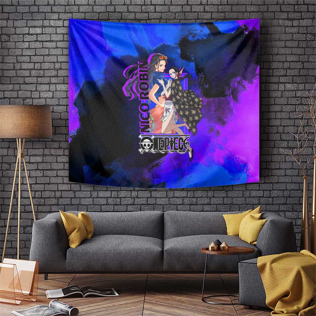 Nico Robin One Piece Purple and Blue Theme Tapestry with Floral Cape and Archaeologist Pose Design - The Mazicc