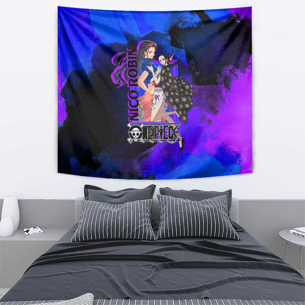 Nico Robin One Piece Purple and Blue Theme Tapestry with Floral Cape and Archaeologist Pose Design - The Mazicc