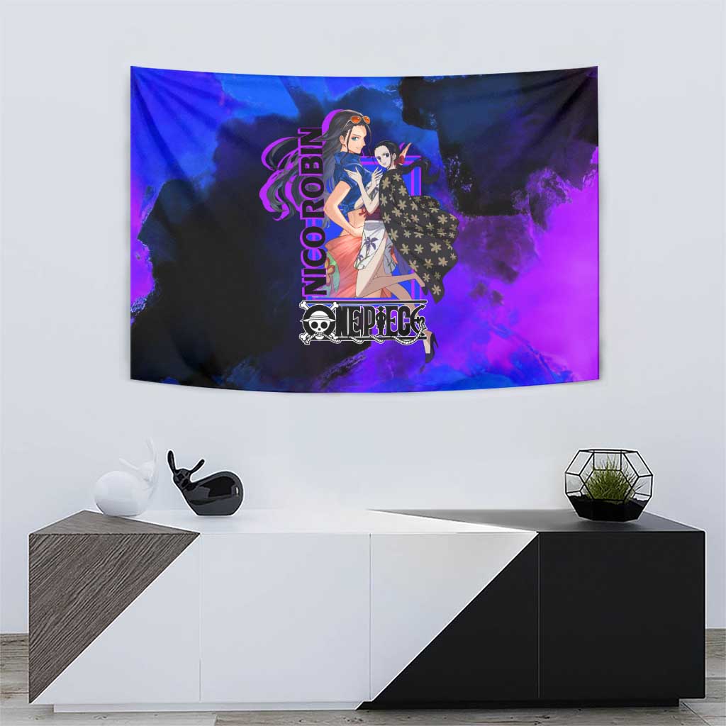 Nico Robin One Piece Purple and Blue Theme Tapestry with Floral Cape and Archaeologist Pose Design - The Mazicc