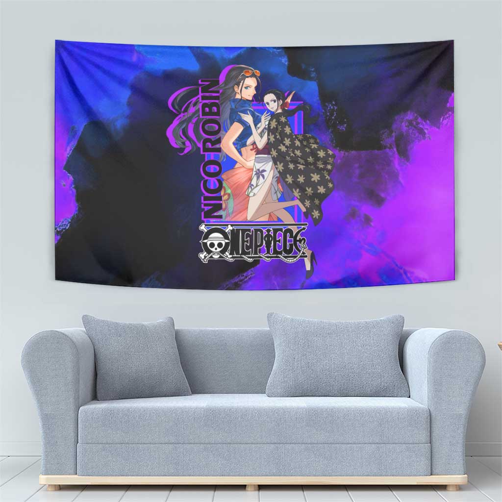 Nico Robin One Piece Purple and Blue Theme Tapestry with Floral Cape and Archaeologist Pose Design - The Mazicc