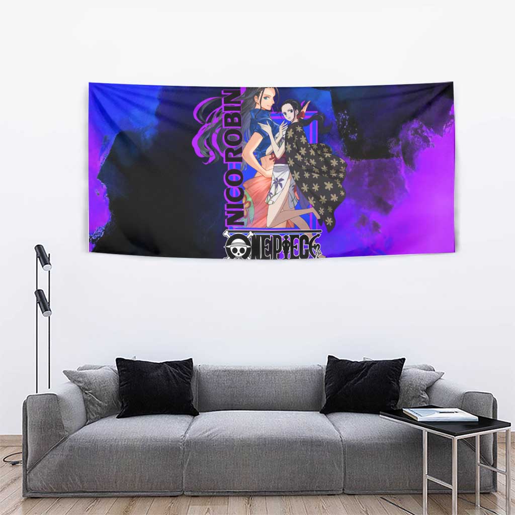 Nico Robin One Piece Purple and Blue Theme Tapestry with Floral Cape and Archaeologist Pose Design - The Mazicc