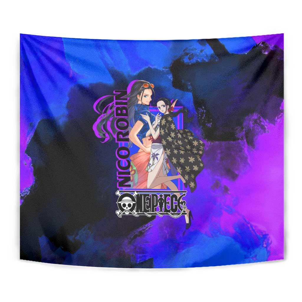 Nico Robin One Piece Purple and Blue Theme Tapestry with Floral Cape and Archaeologist Pose Design - The Mazicc