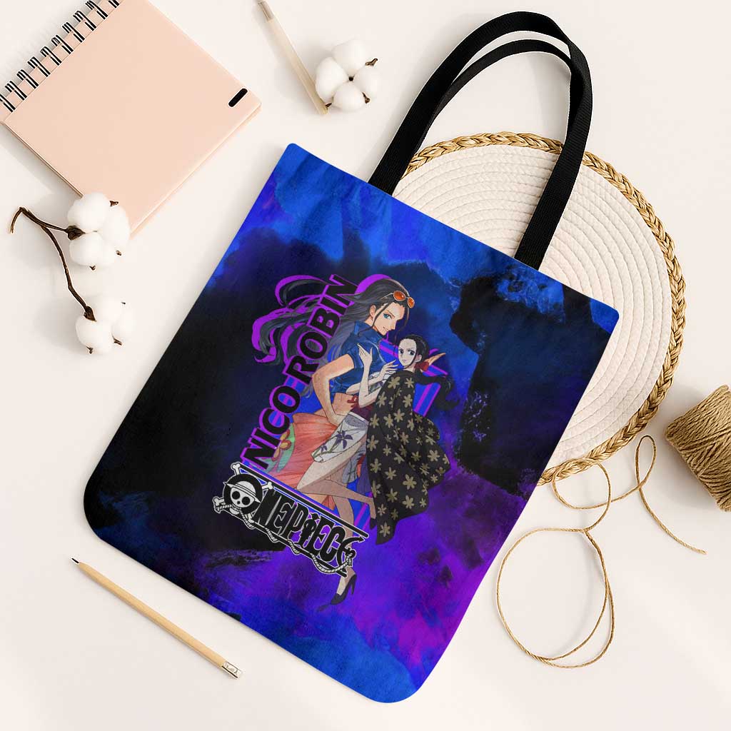 Nico Robin One Piece Purple and Blue Theme Tote Bag with Floral Cape and Archaeologist Pose Design - The Mazicc