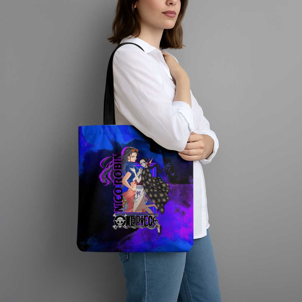 Nico Robin One Piece Purple and Blue Theme Tote Bag with Floral Cape and Archaeologist Pose Design - The Mazicc