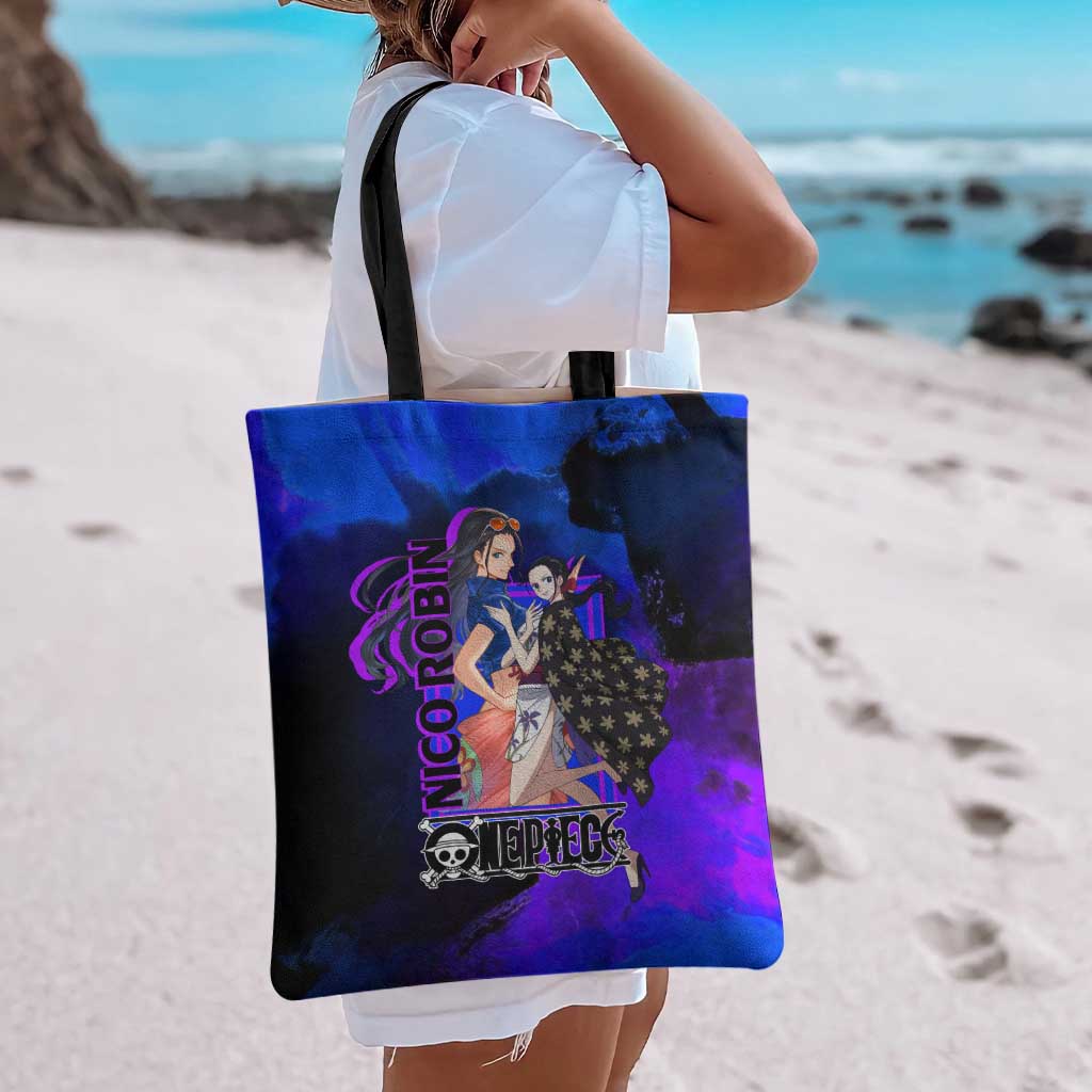 Nico Robin One Piece Purple and Blue Theme Tote Bag with Floral Cape and Archaeologist Pose Design - The Mazicc
