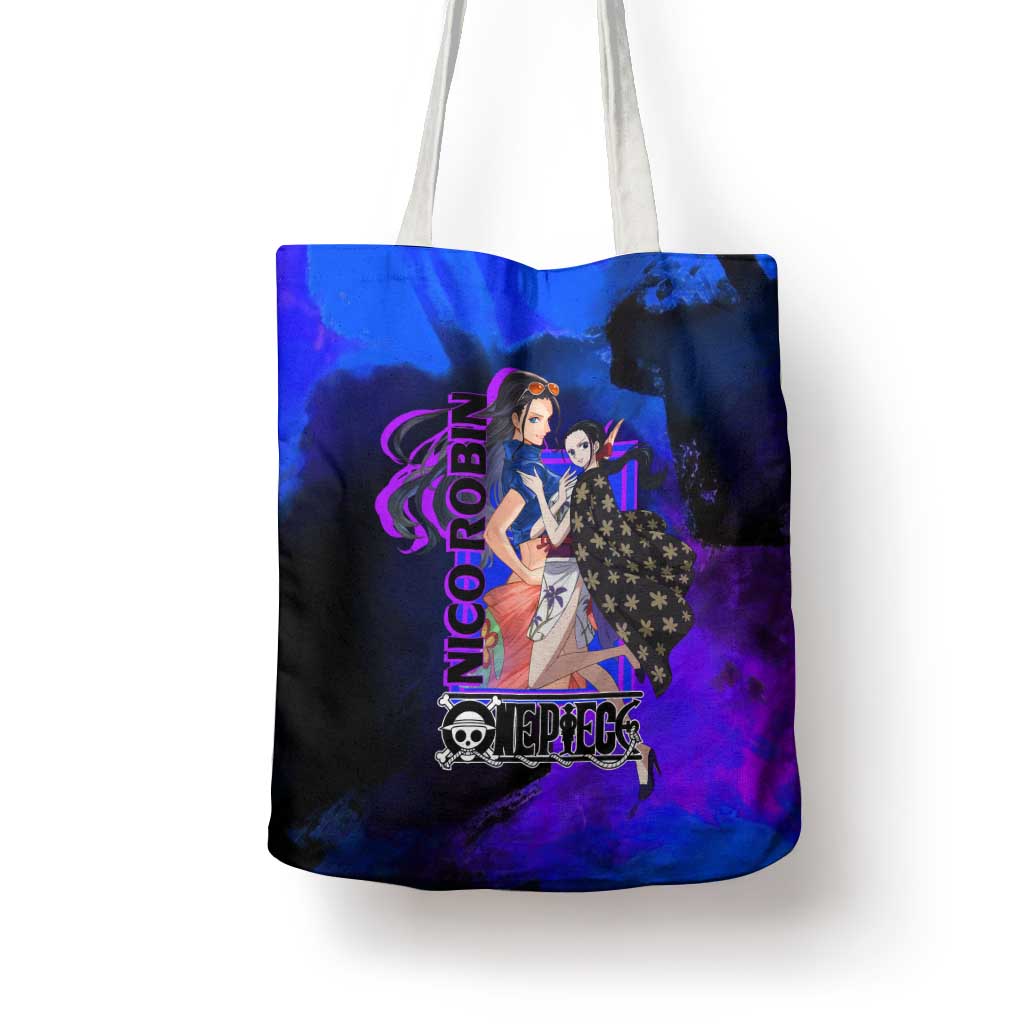 Nico Robin One Piece Purple and Blue Theme Tote Bag with Floral Cape and Archaeologist Pose Design - The Mazicc