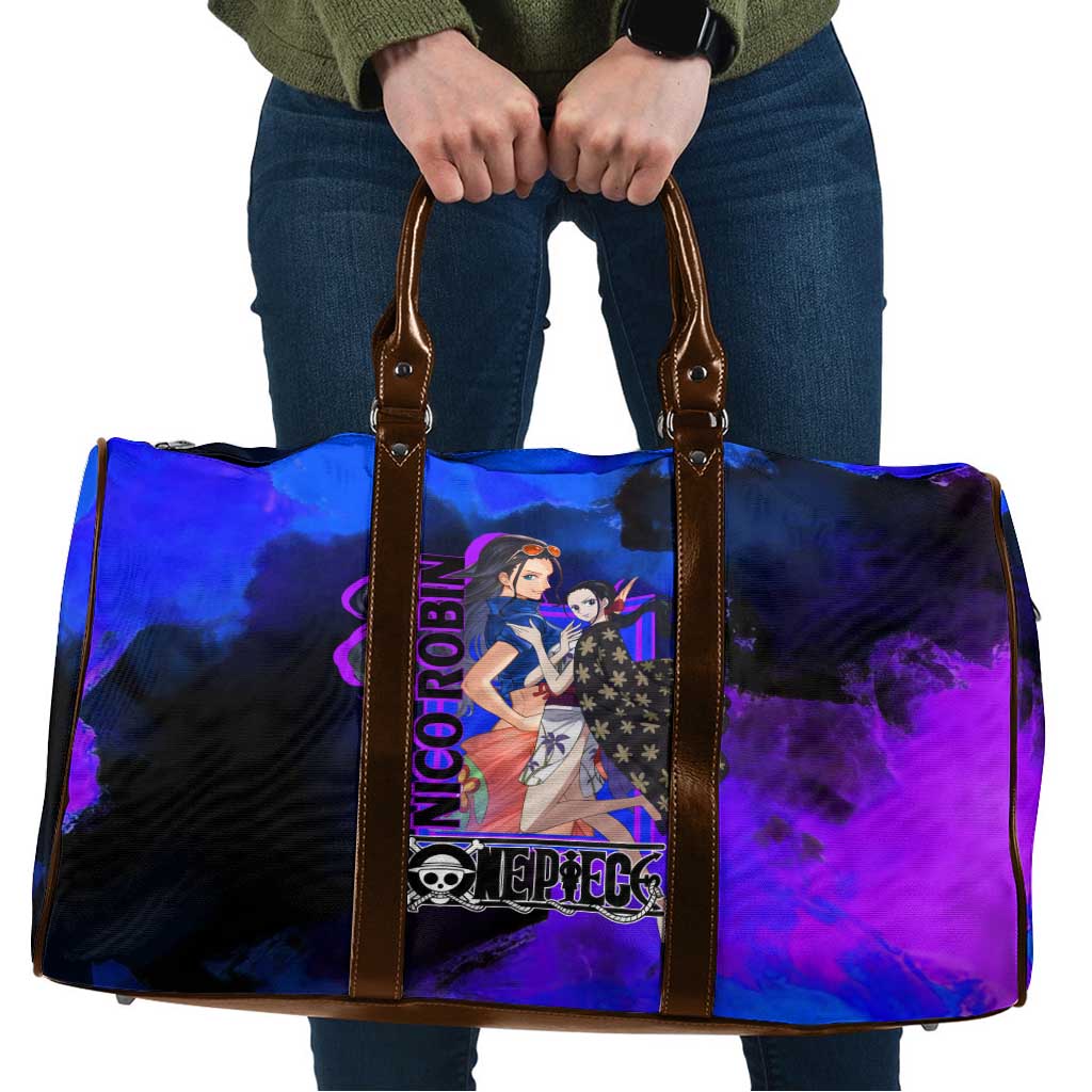 Nico Robin One Piece Purple and Blue Theme Travel Bag with Floral Cape and Archaeologist Pose Design - The Mazicc