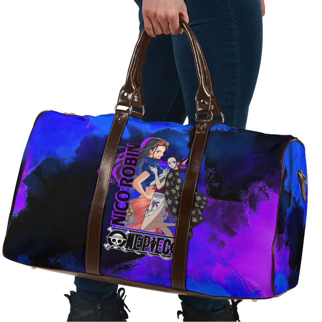 Nico Robin One Piece Purple and Blue Theme Travel Bag with Floral Cape and Archaeologist Pose Design - The Mazicc