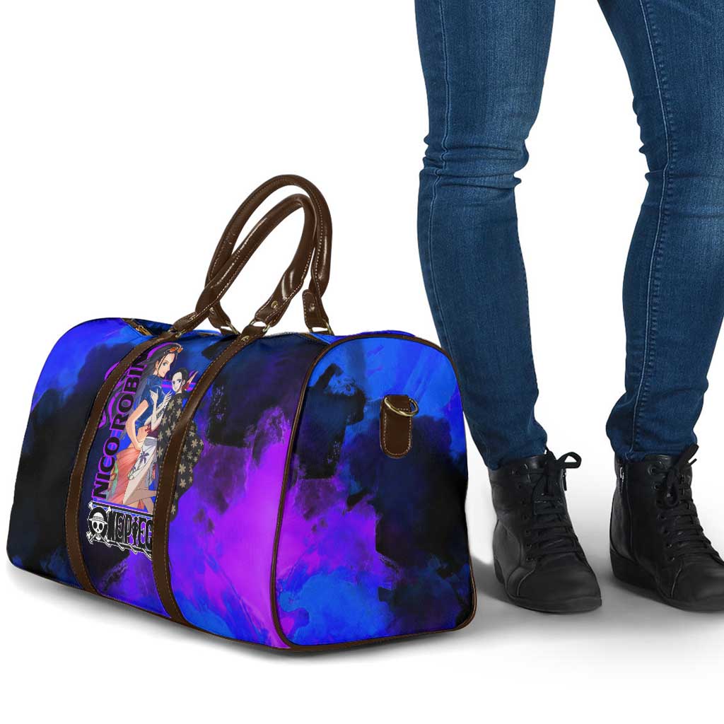 Nico Robin One Piece Purple and Blue Theme Travel Bag with Floral Cape and Archaeologist Pose Design - The Mazicc