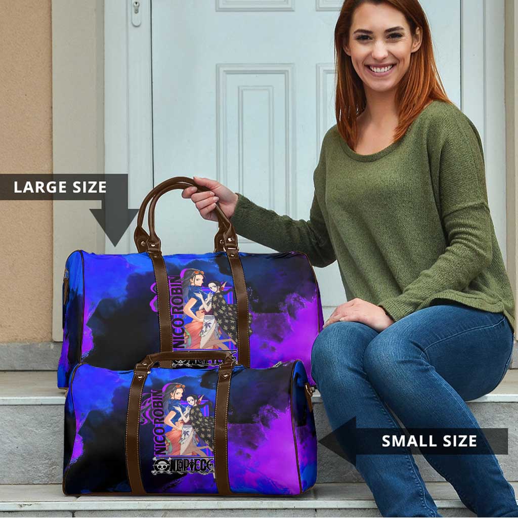 Nico Robin One Piece Purple and Blue Theme Travel Bag with Floral Cape and Archaeologist Pose Design - The Mazicc