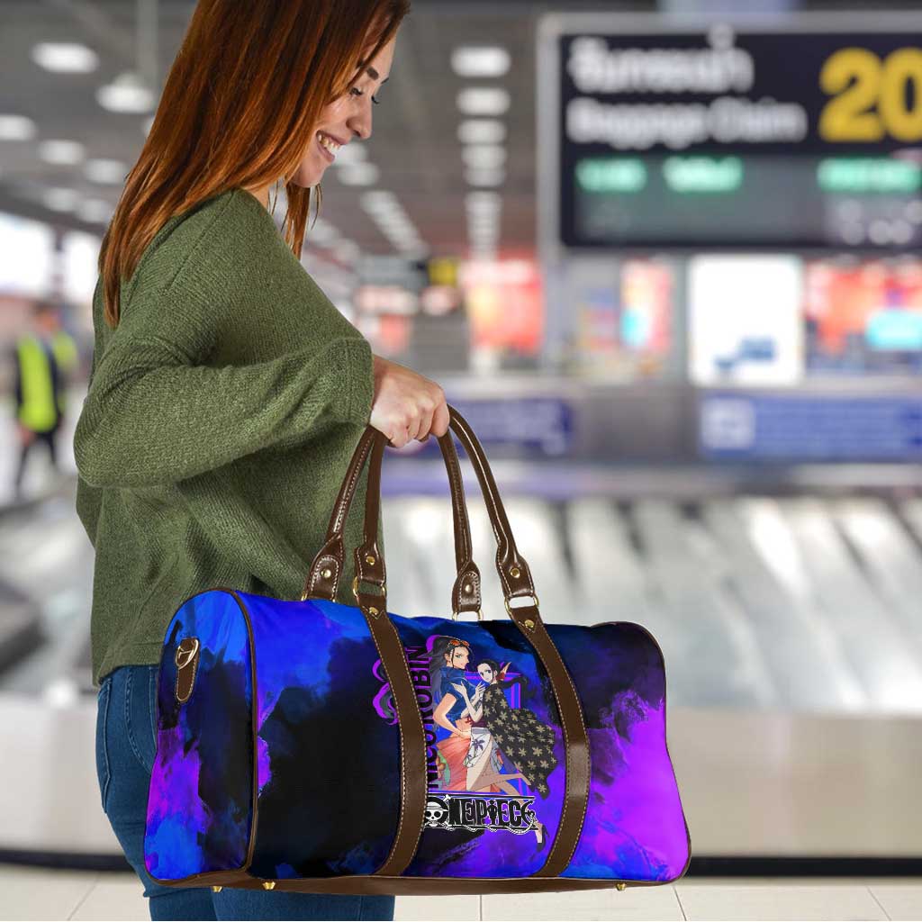 Nico Robin One Piece Purple and Blue Theme Travel Bag with Floral Cape and Archaeologist Pose Design - The Mazicc