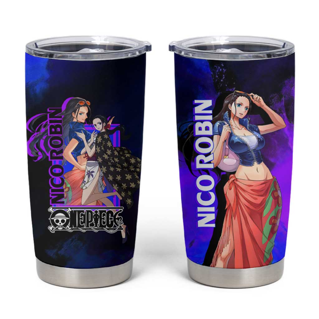 Nico Robin One Piece Purple and Blue Theme Tumbler Cup with Floral Cape and Archaeologist Pose Design - The Mazicc