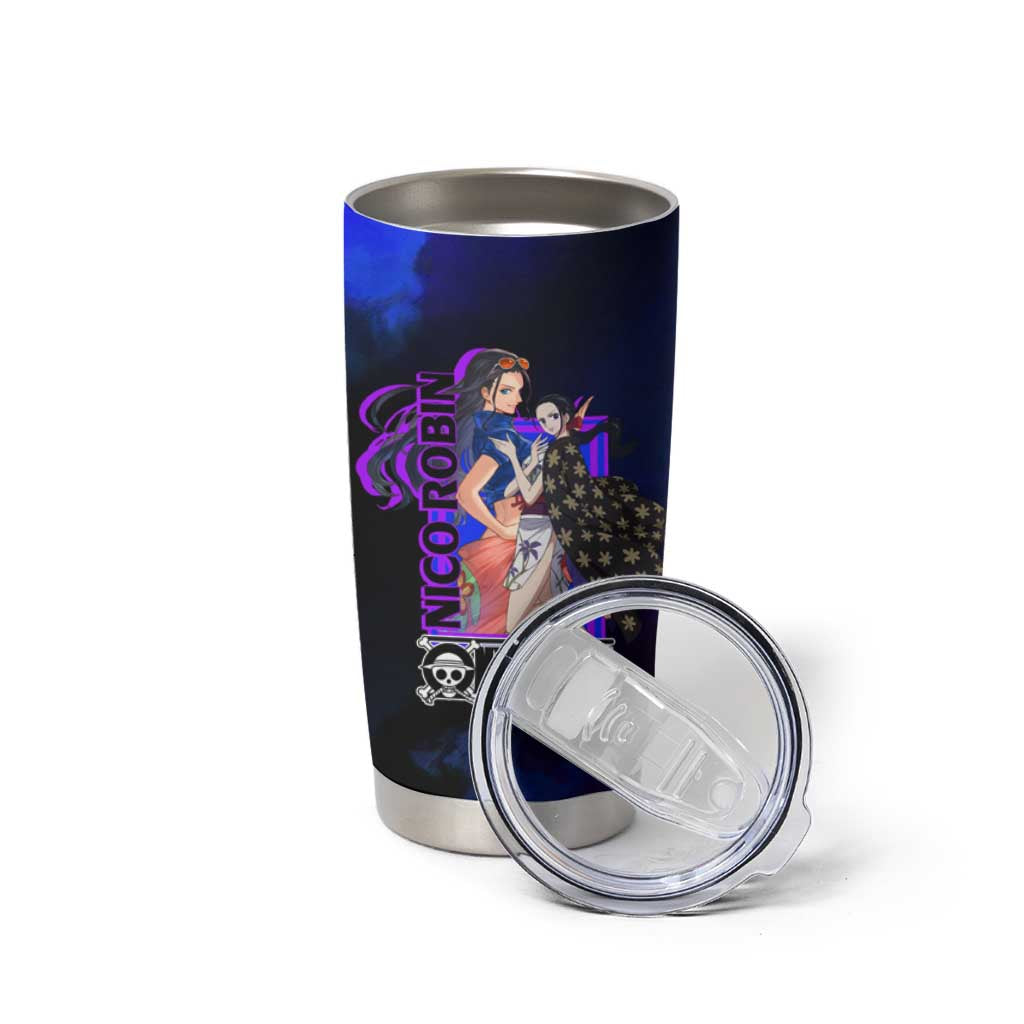 Nico Robin One Piece Purple and Blue Theme Tumbler Cup with Floral Cape and Archaeologist Pose Design - The Mazicc