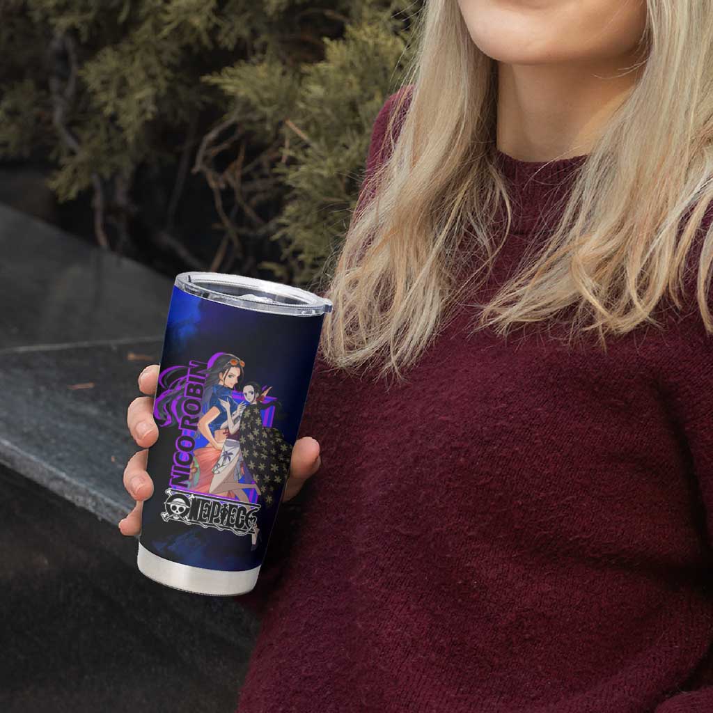 Nico Robin One Piece Purple and Blue Theme Tumbler Cup with Floral Cape and Archaeologist Pose Design - The Mazicc