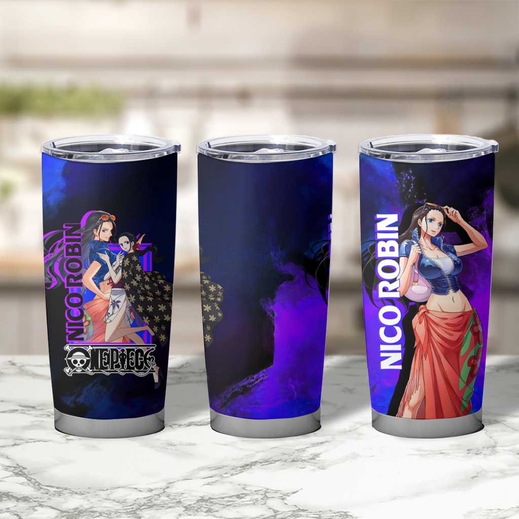 Nico Robin One Piece Purple and Blue Theme Tumbler Cup with Floral Cape and Archaeologist Pose Design - The Mazicc