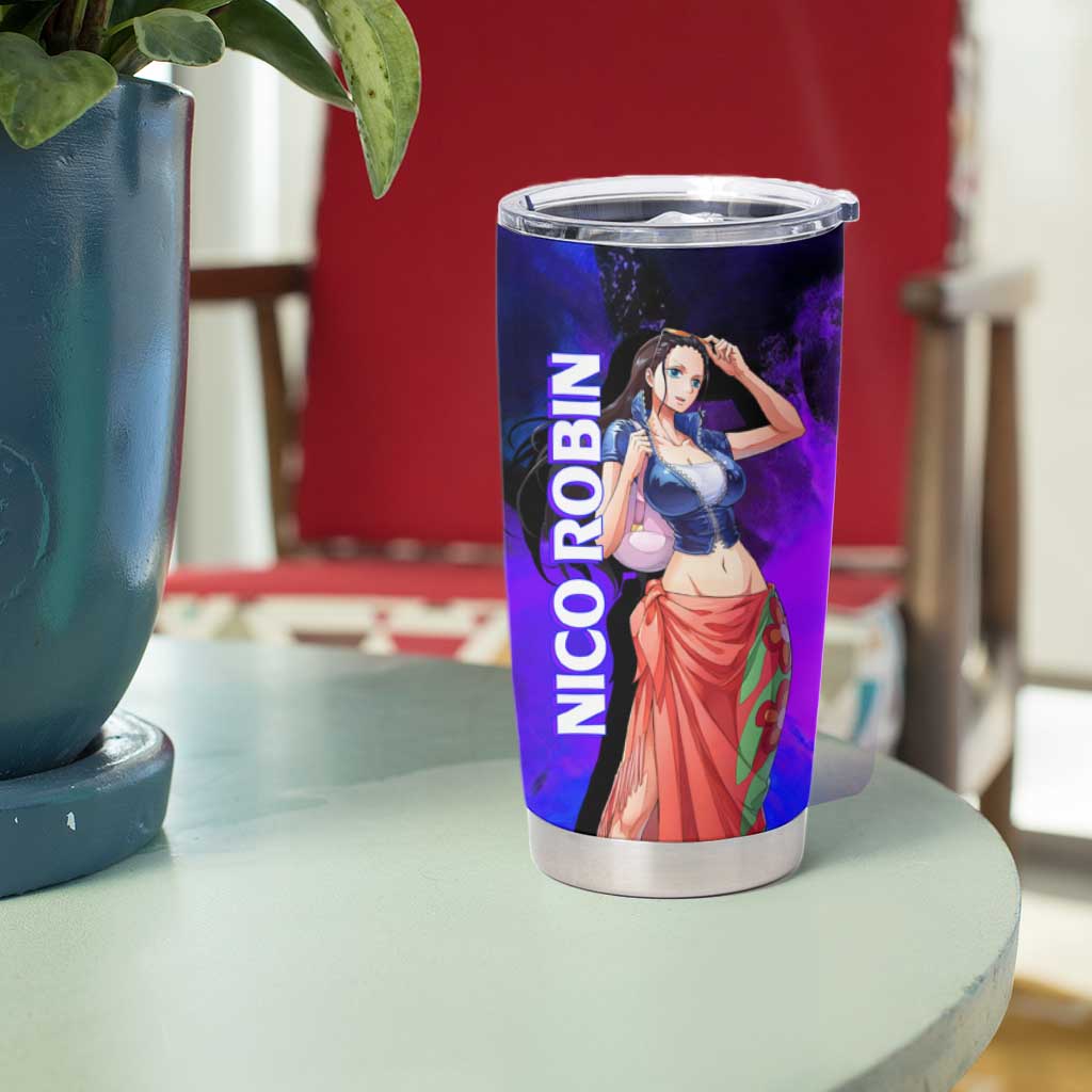 Nico Robin One Piece Purple and Blue Theme Tumbler Cup with Floral Cape and Archaeologist Pose Design - The Mazicc