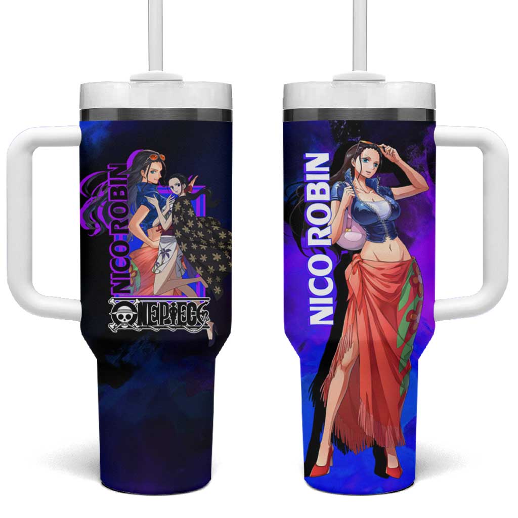 Nico Robin One Piece Purple and Blue Theme Tumbler With Handle with Floral Cape and Archaeologist Pose Design - The Mazicc
