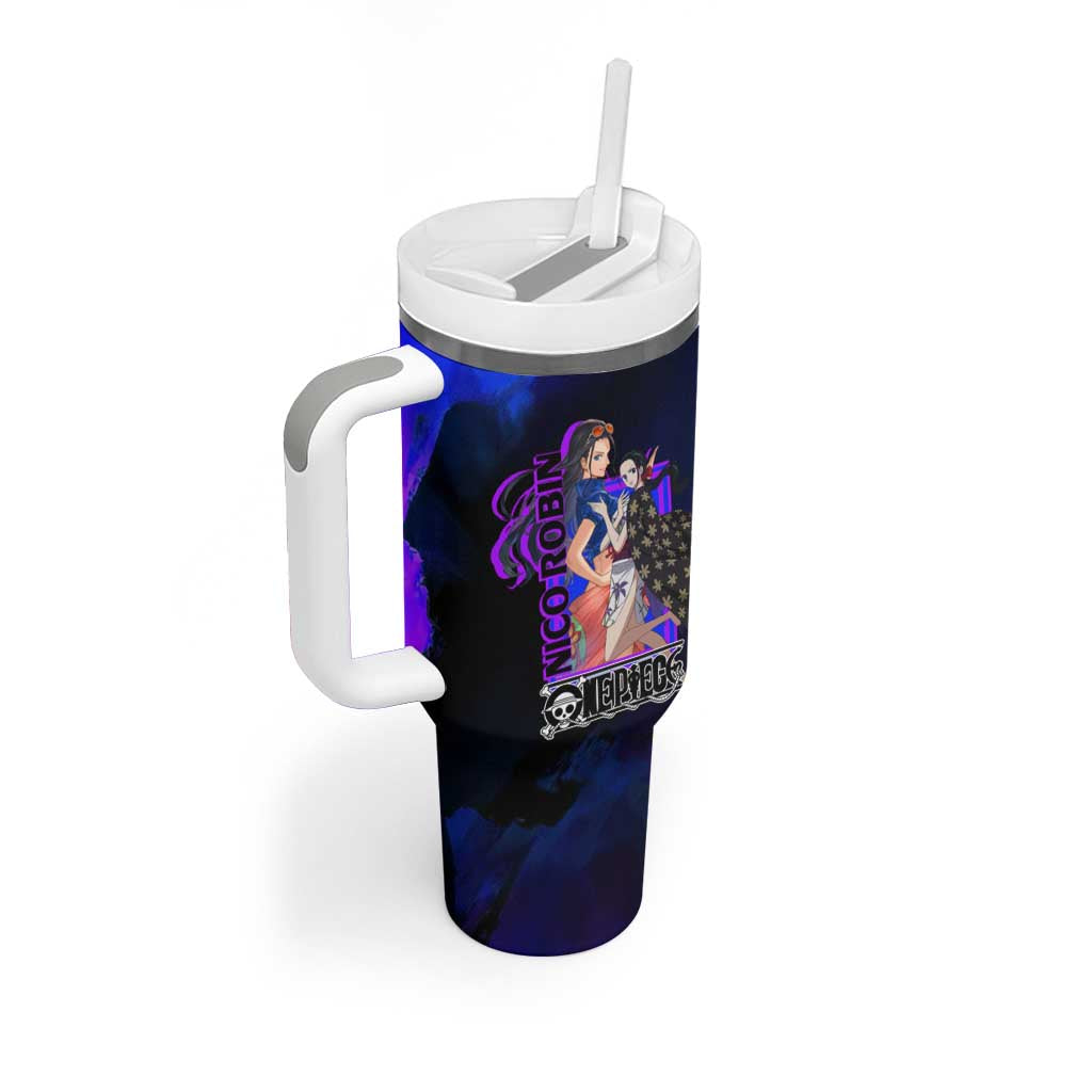 Nico Robin One Piece Purple and Blue Theme Tumbler With Handle with Floral Cape and Archaeologist Pose Design - The Mazicc