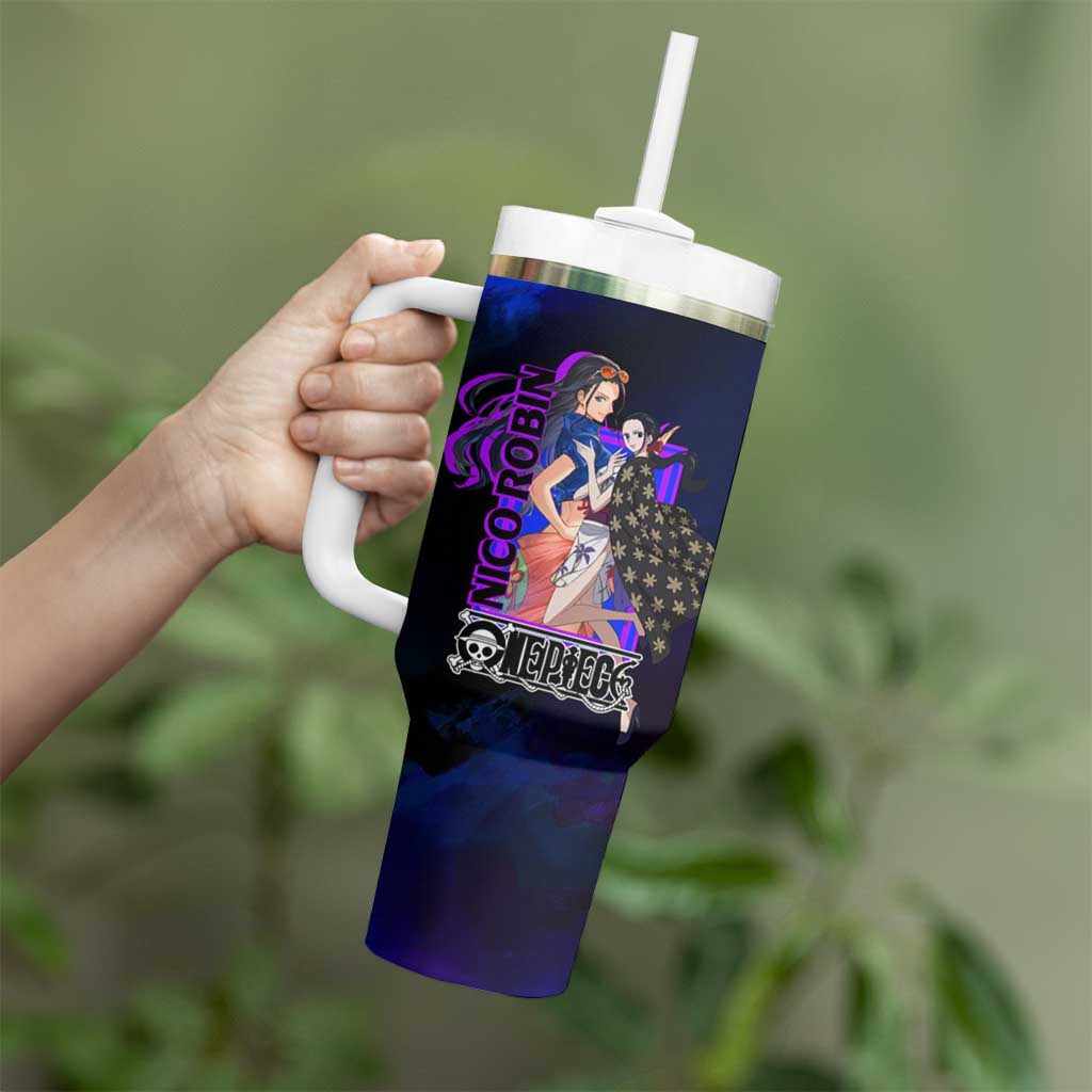 Nico Robin One Piece Purple and Blue Theme Tumbler With Handle with Floral Cape and Archaeologist Pose Design - The Mazicc