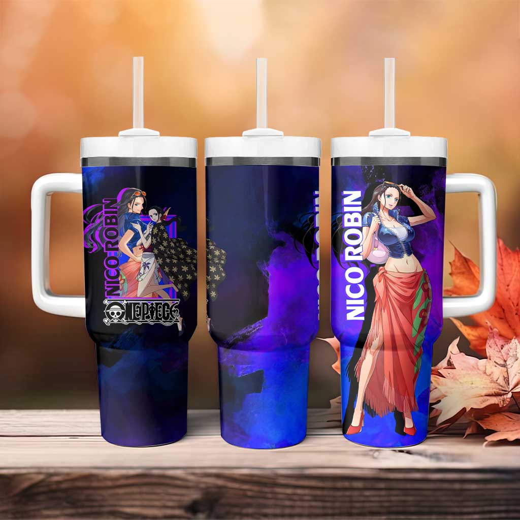 Nico Robin One Piece Purple and Blue Theme Tumbler With Handle with Floral Cape and Archaeologist Pose Design - The Mazicc