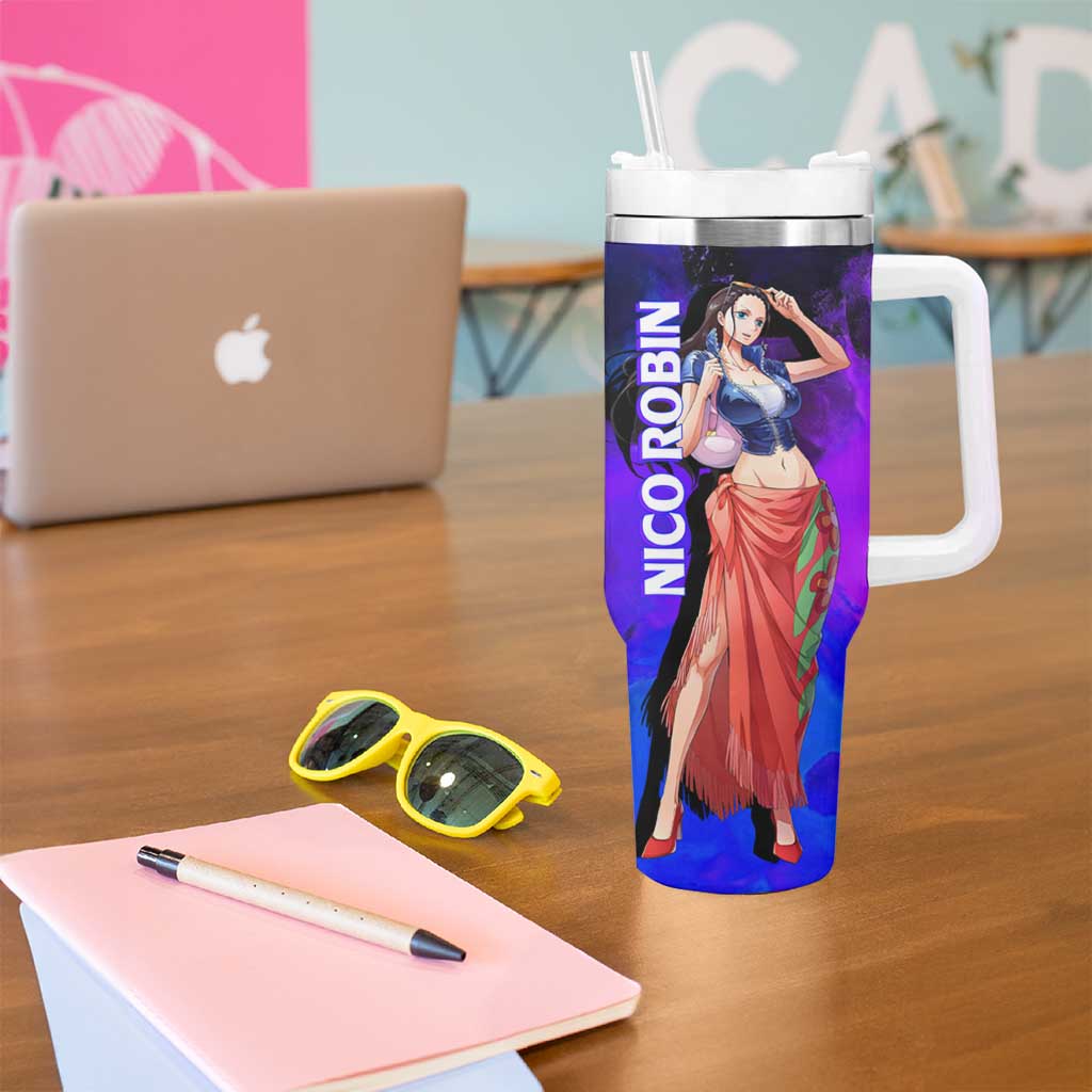 Nico Robin One Piece Purple and Blue Theme Tumbler With Handle with Floral Cape and Archaeologist Pose Design - The Mazicc