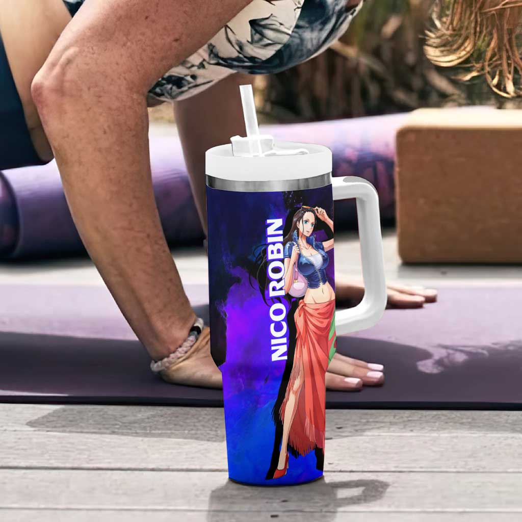 Nico Robin One Piece Purple and Blue Theme Tumbler With Handle with Floral Cape and Archaeologist Pose Design - The Mazicc