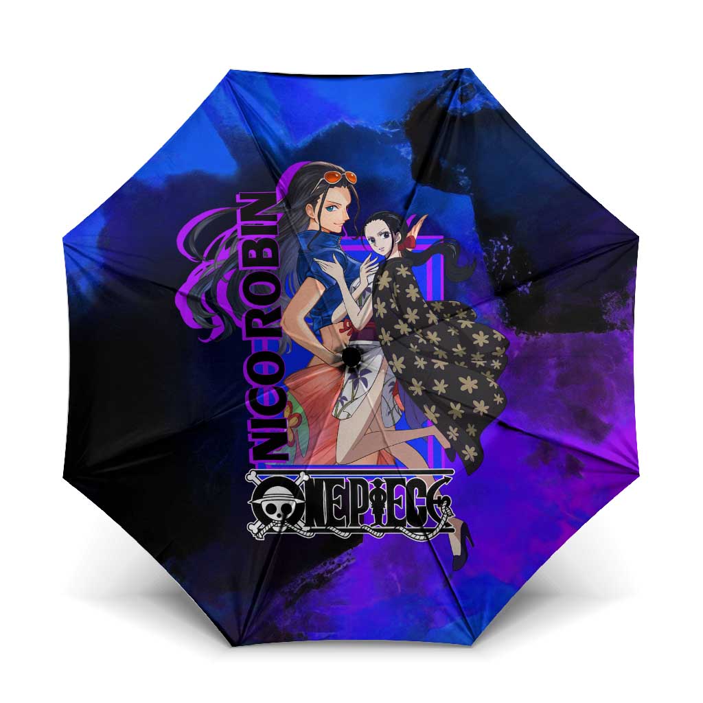 Nico Robin One Piece Purple and Blue Theme Umbrella with Floral Cape and Archaeologist Pose Design - The Mazicc