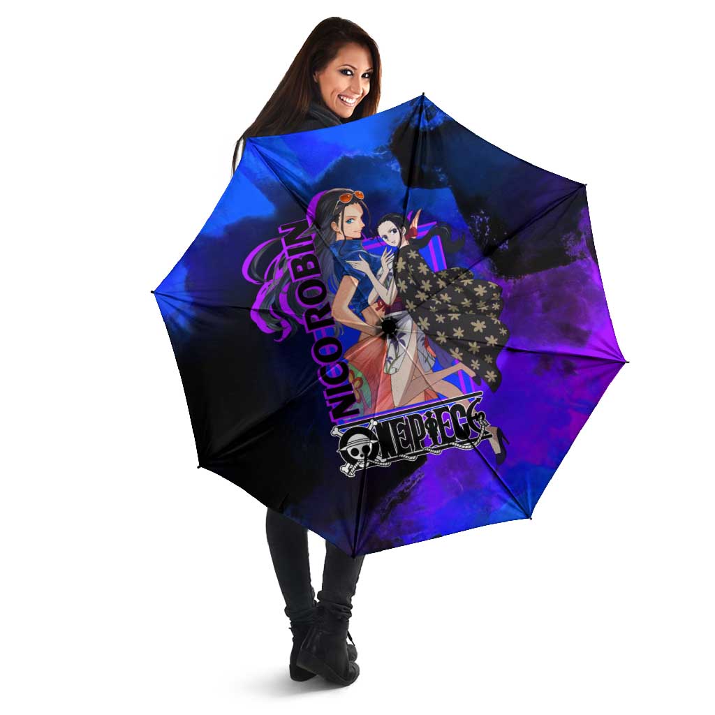 Nico Robin One Piece Purple and Blue Theme Umbrella with Floral Cape and Archaeologist Pose Design - The Mazicc