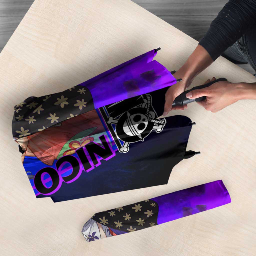 Nico Robin One Piece Purple and Blue Theme Umbrella with Floral Cape and Archaeologist Pose Design - The Mazicc