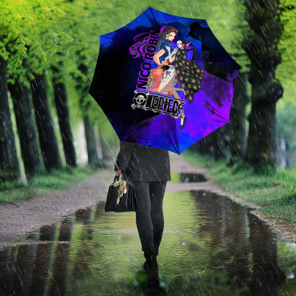 Nico Robin One Piece Purple and Blue Theme Umbrella with Floral Cape and Archaeologist Pose Design - The Mazicc