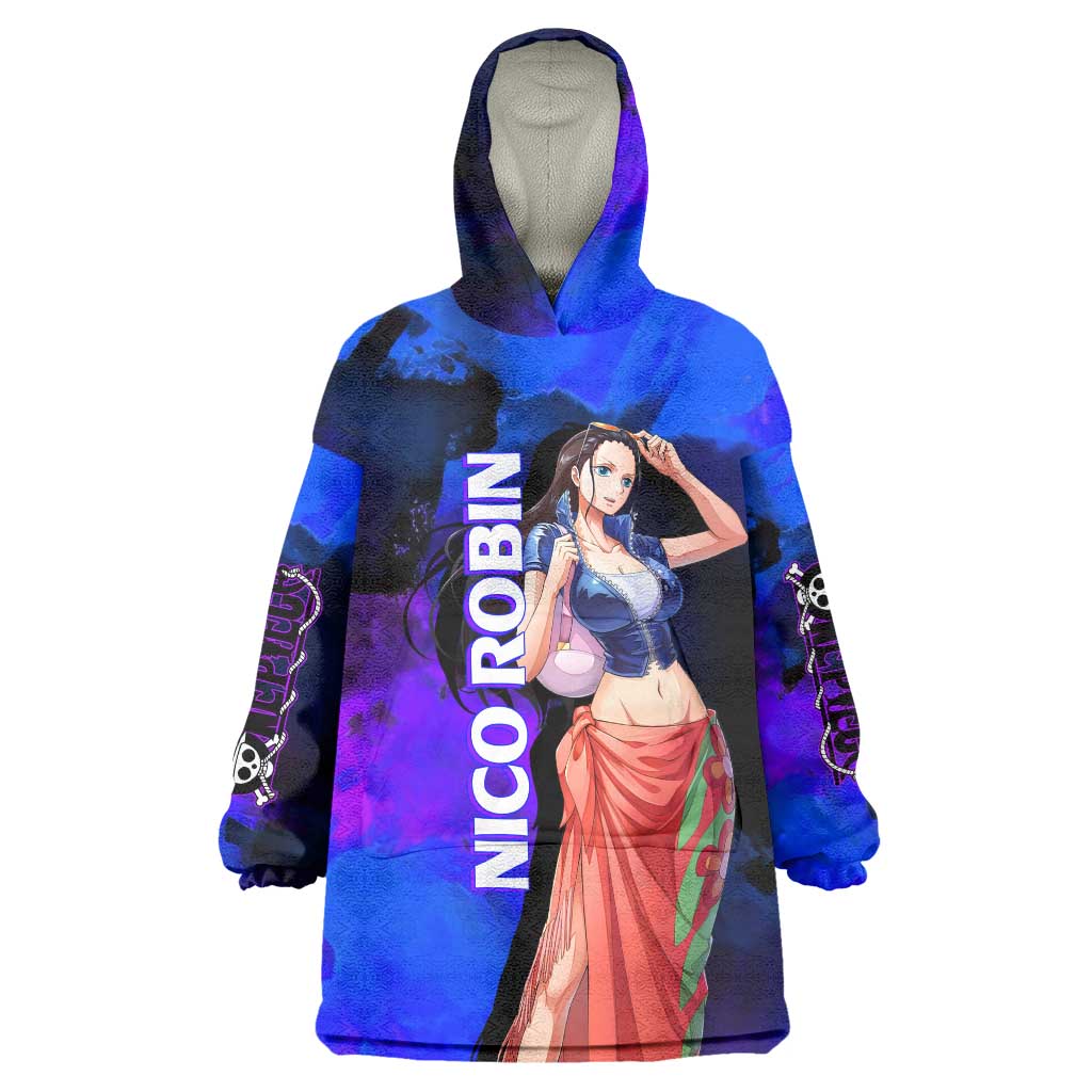 Nico Robin One Piece Purple and Blue Theme Wearable Blanket Hoodie with Floral Cape and Archaeologist Pose Design - The Mazicc