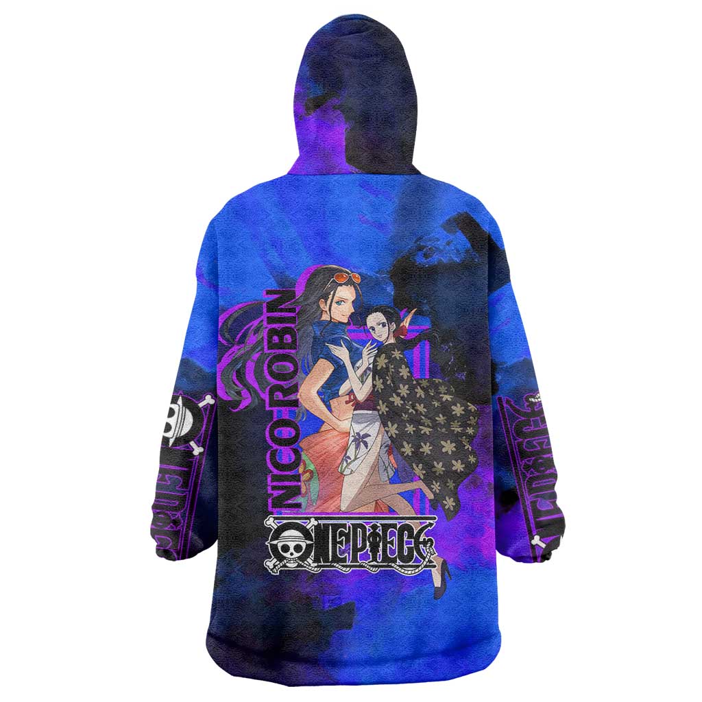 Nico Robin One Piece Purple and Blue Theme Wearable Blanket Hoodie with Floral Cape and Archaeologist Pose Design - The Mazicc