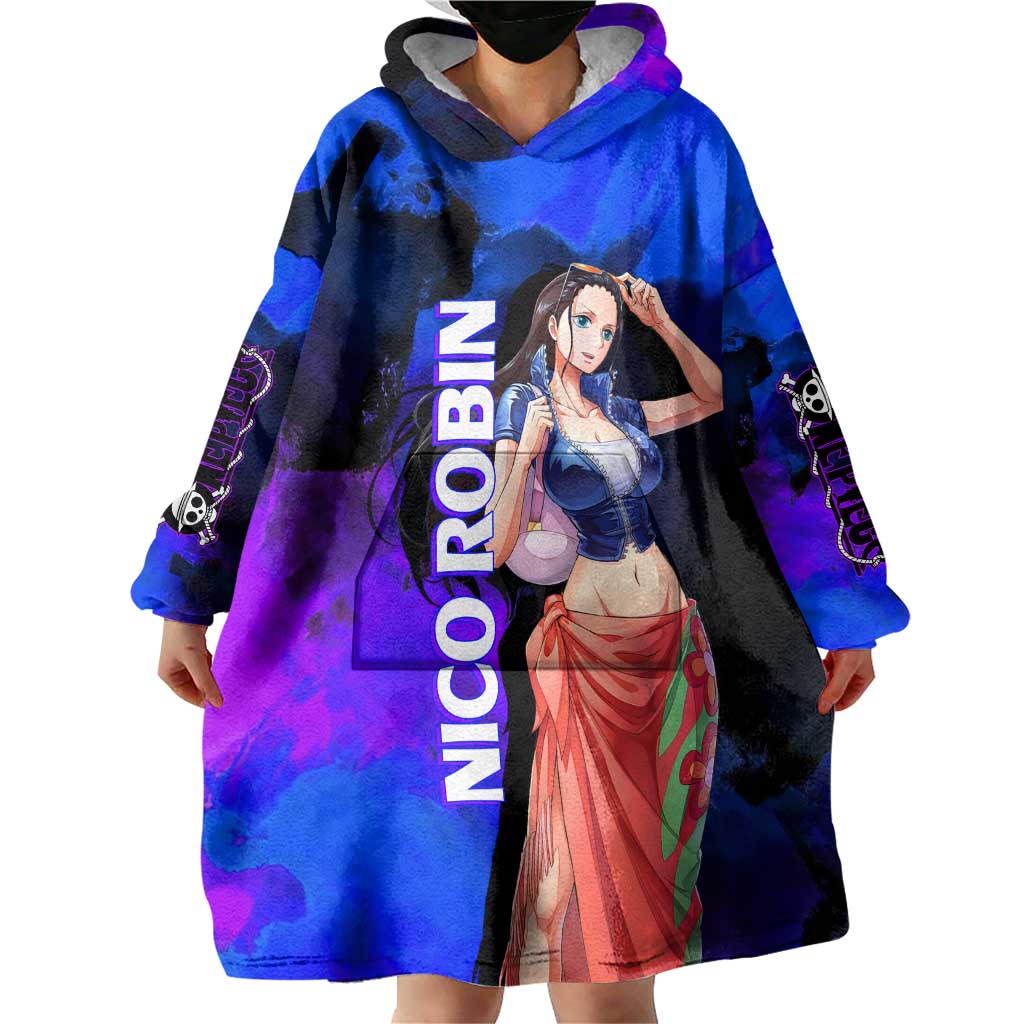 Nico Robin One Piece Purple and Blue Theme Wearable Blanket Hoodie with Floral Cape and Archaeologist Pose Design - The Mazicc