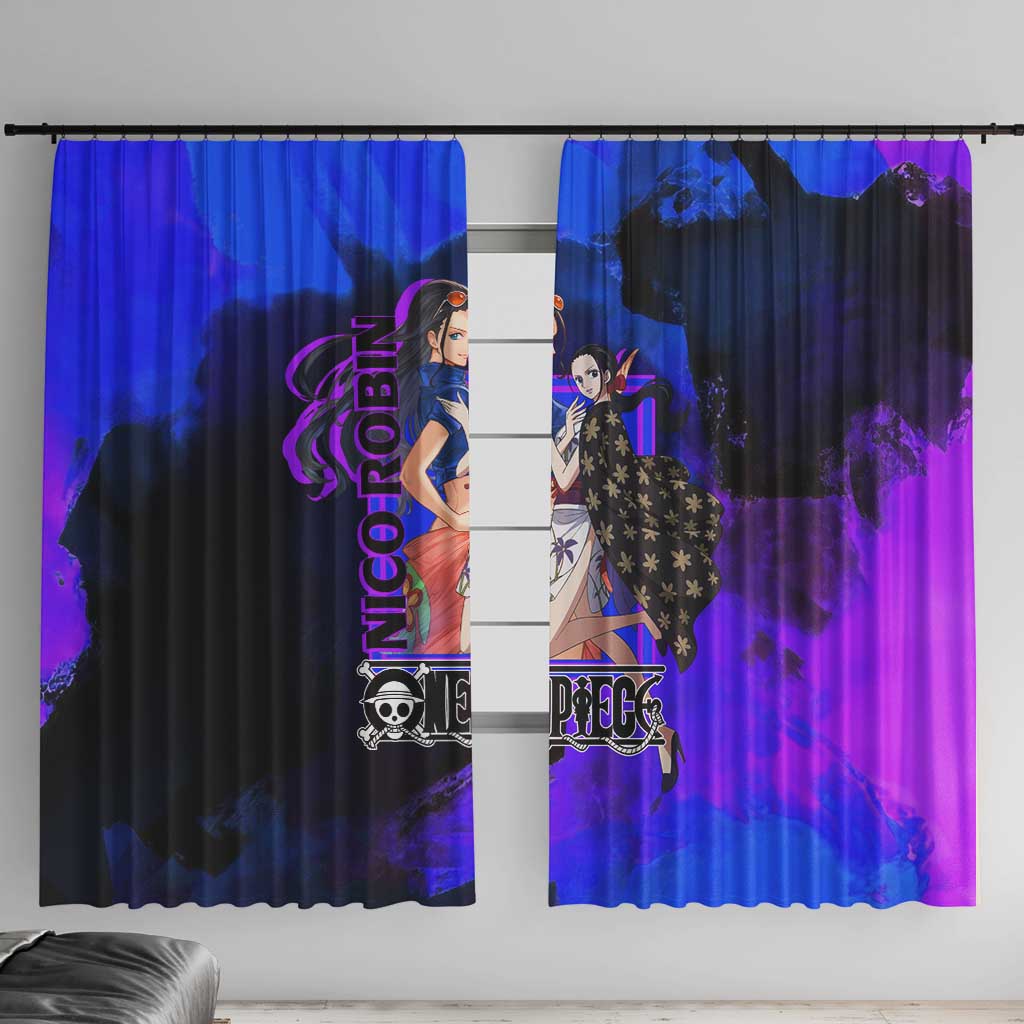 Nico Robin One Piece Purple and Blue Theme Window Curtain with Floral Cape and Archaeologist Pose Design - The Mazicc