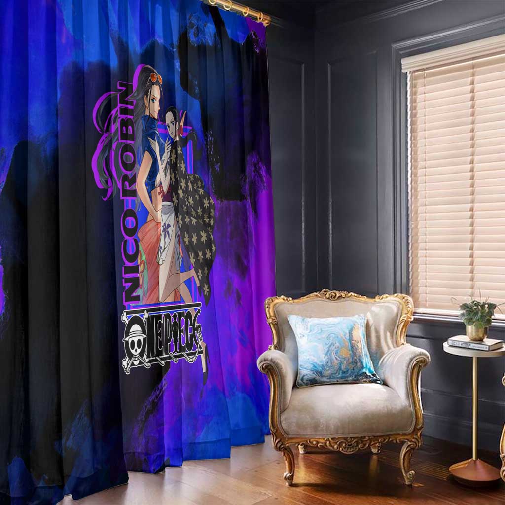 Nico Robin One Piece Purple and Blue Theme Window Curtain with Floral Cape and Archaeologist Pose Design - The Mazicc