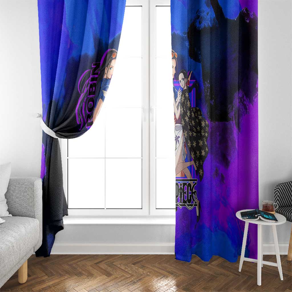 Nico Robin One Piece Purple and Blue Theme Window Curtain with Floral Cape and Archaeologist Pose Design - The Mazicc