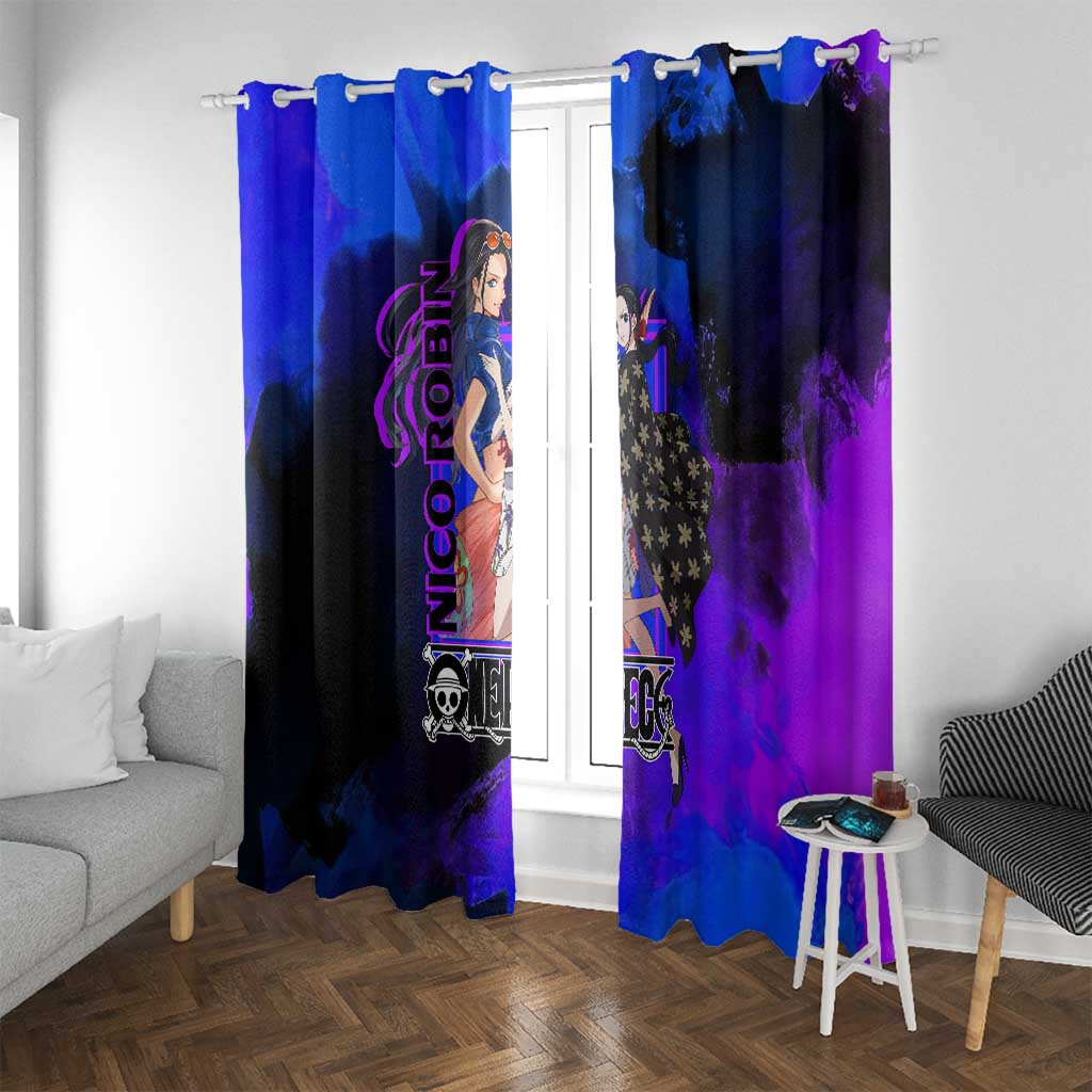Nico Robin One Piece Purple and Blue Theme Window Curtain with Floral Cape and Archaeologist Pose Design - The Mazicc