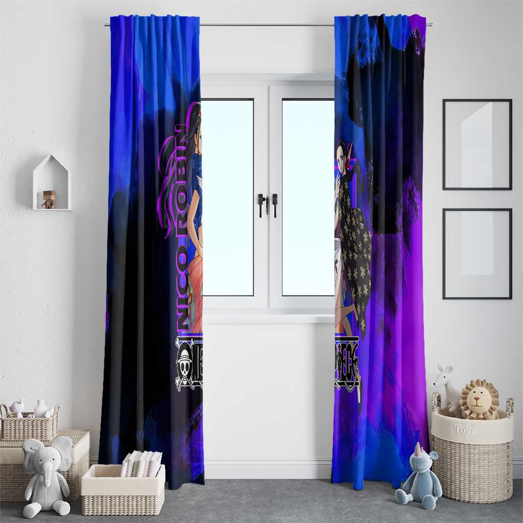 Nico Robin One Piece Purple and Blue Theme Window Curtain with Floral Cape and Archaeologist Pose Design - The Mazicc