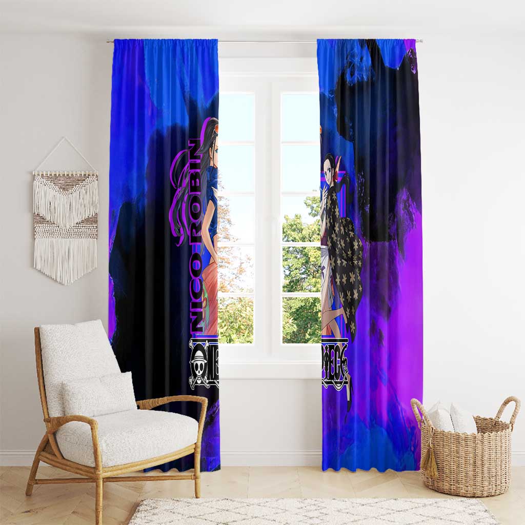 Nico Robin One Piece Purple and Blue Theme Window Curtain with Floral Cape and Archaeologist Pose Design - The Mazicc