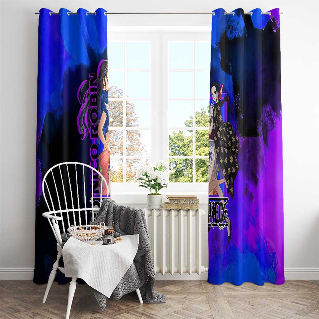 Nico Robin One Piece Purple and Blue Theme Window Curtain with Floral Cape and Archaeologist Pose Design - The Mazicc