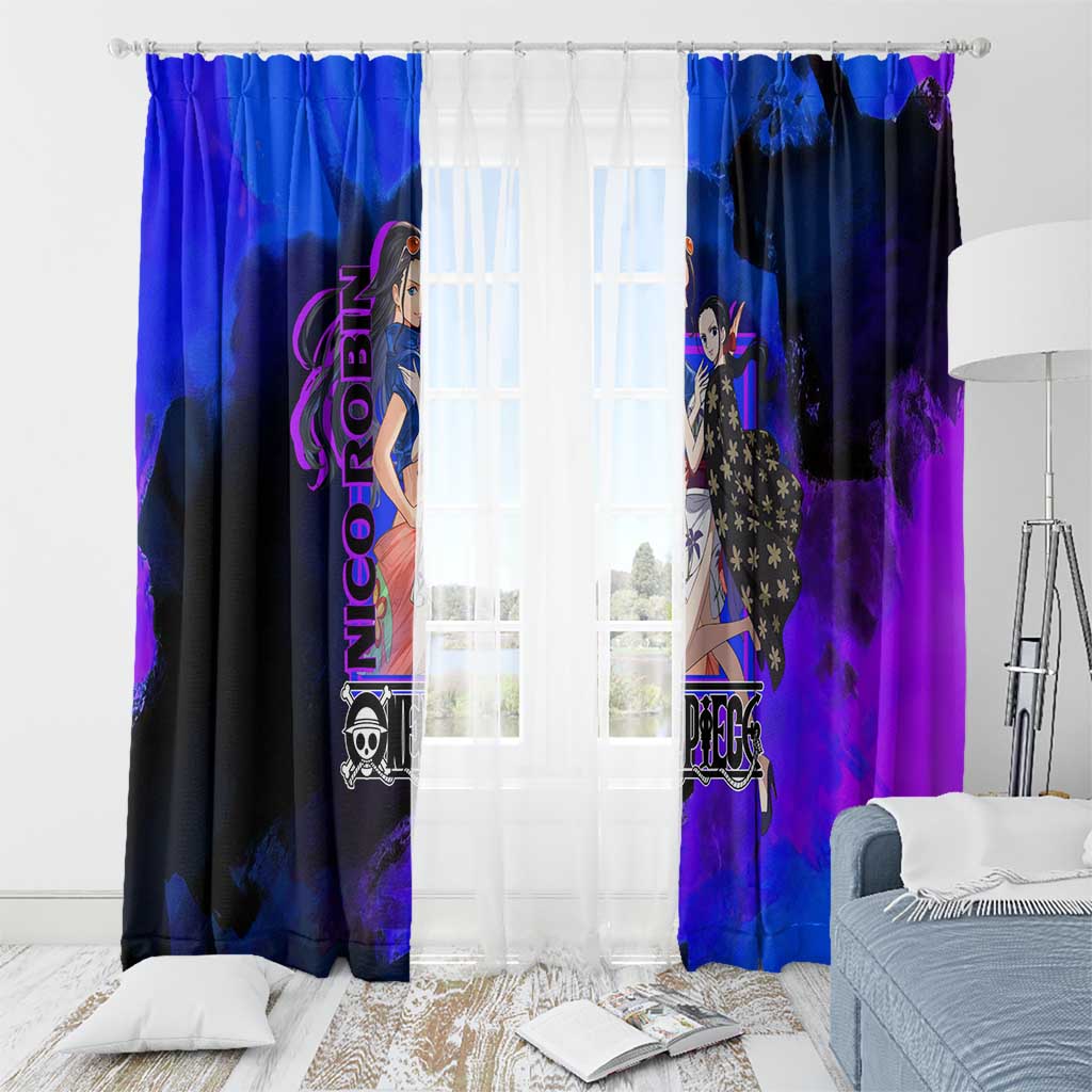 Nico Robin One Piece Purple and Blue Theme Window Curtain with Floral Cape and Archaeologist Pose Design - The Mazicc