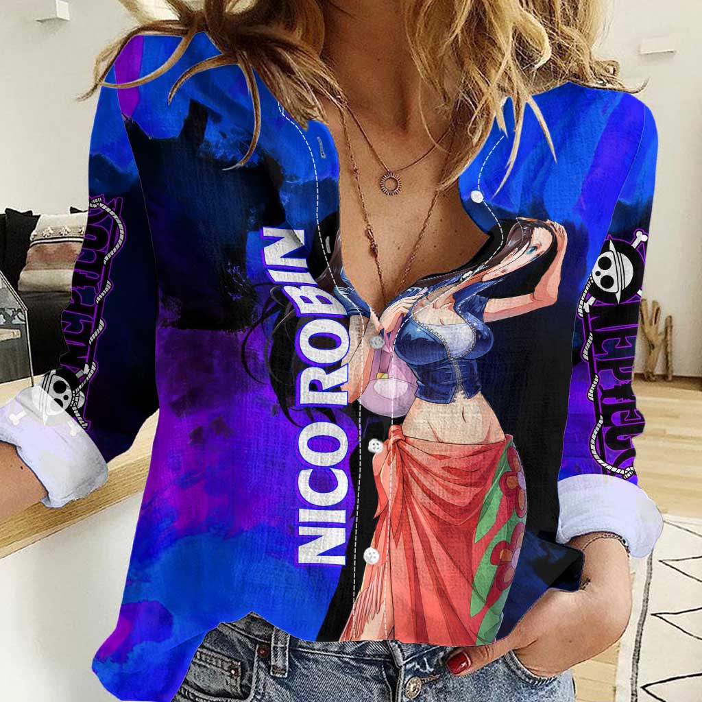 Nico Robin One Piece Purple and Blue Theme Women Casual Shirt with Floral Cape and Archaeologist Pose Design - The Mazicc
