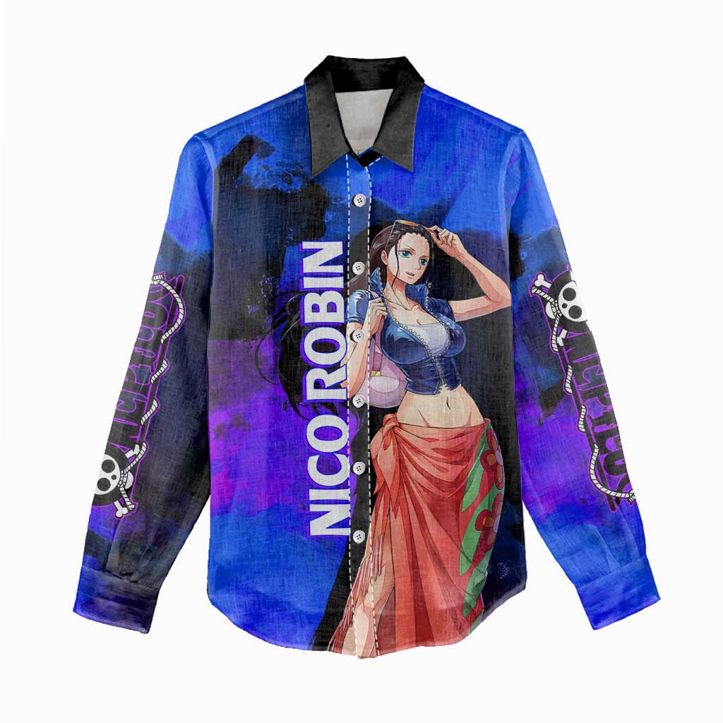 Nico Robin One Piece Purple and Blue Theme Women Casual Shirt with Floral Cape and Archaeologist Pose Design - The Mazicc