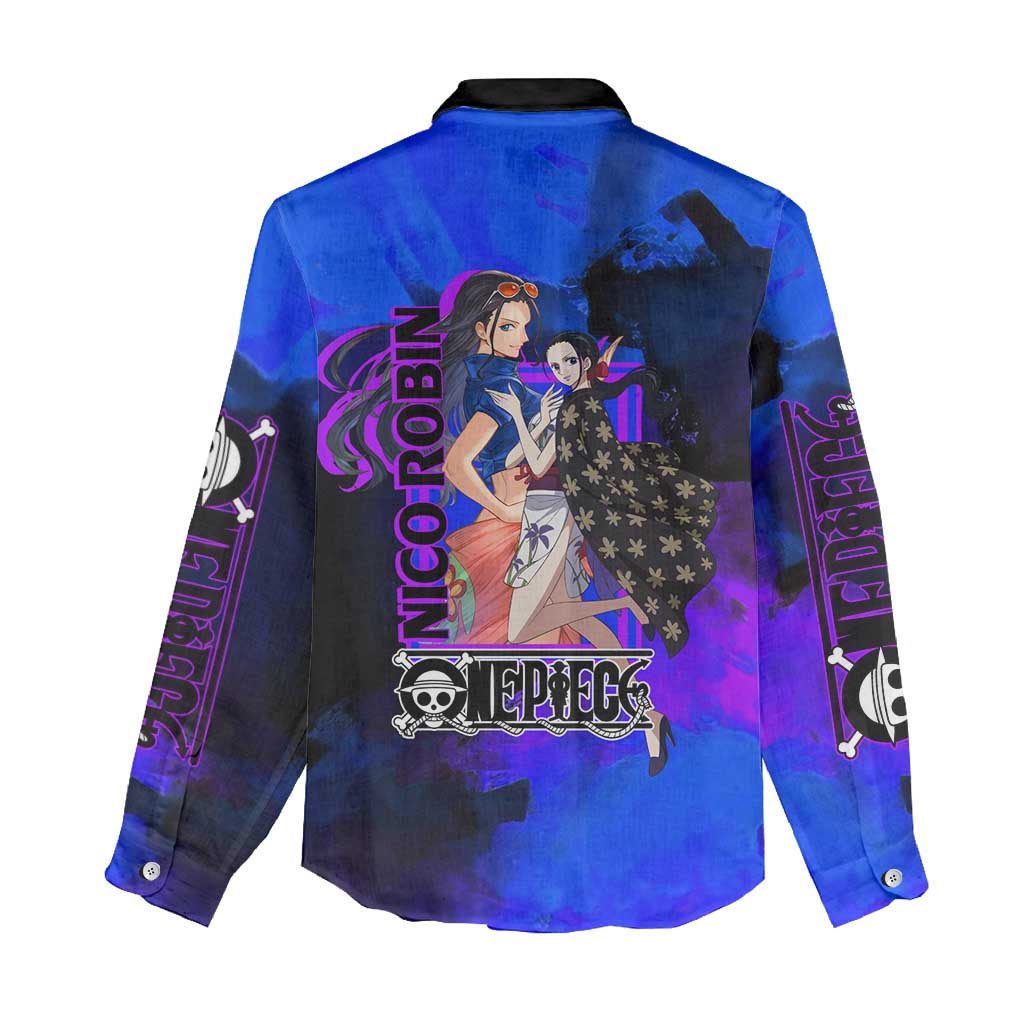 Nico Robin One Piece Purple and Blue Theme Women Casual Shirt with Floral Cape and Archaeologist Pose Design - The Mazicc