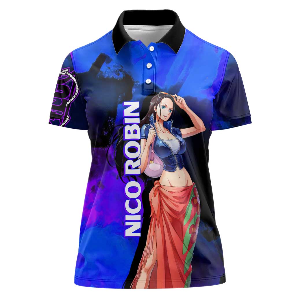 Nico Robin One Piece Purple and Blue Theme Women Polo Shirt with Floral Cape and Archaeologist Pose Design - The Mazicc