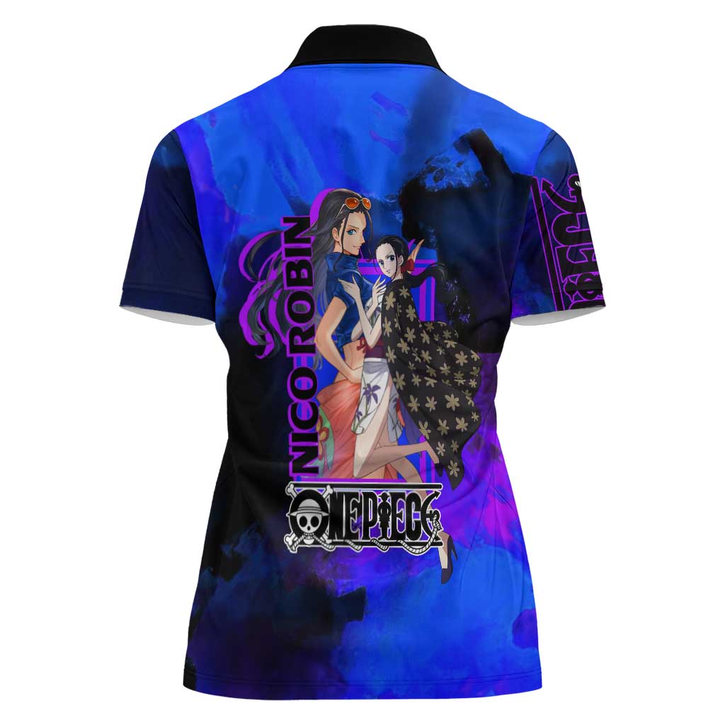 Nico Robin One Piece Purple and Blue Theme Women Polo Shirt with Floral Cape and Archaeologist Pose Design - The Mazicc